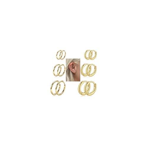 Sweetkiki 6 Pairs Leightweight Small Gold Hoop Earrings Sets, Hypoallergenic Huggie Earrings in 14K Real Gold Plated, Tiny | Cartilage Hoop Earring | Helix Earrings | for Women Men 24/7 - 14K Gold - 6/8/10mm(6 Pairs) - Image 1