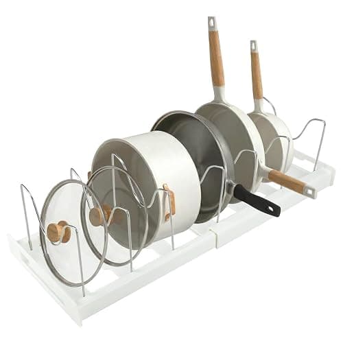 Tenrry Adjustable Pot and Pan Organizer for Cabinet, Expandable 12"-22" Pan Lid Rack with 7 Stainless Steel Dividers, ABS White Kitchen Cabinet Organizer for Pots, Lids, Cutting Boards - Image 1