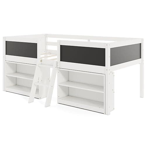 KOMFOTT Twin Size Low Loft Bed, Kids Loft Bed Frame with Movable Storage Shelves, Chalkboard & Ladder, Solid Wood Twin Bed with Under-Bed Play Area for Kids, Boys & Girls, No Box Spring Needed, White thumbnail 9