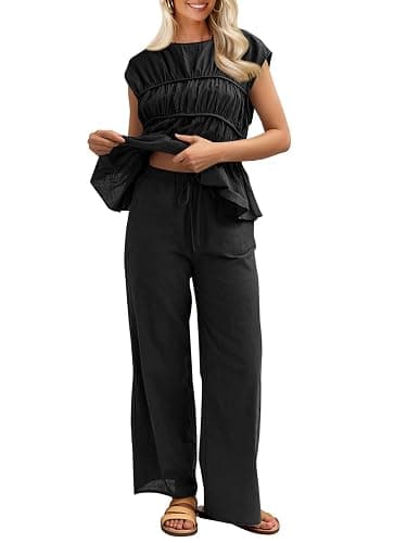 Tankaneo Womens 2 piece linen Pants sets Summer Cotton Vacation Outfits | Two Piece Matching Set, Babydoll Peplum Pleated Tank Top, Beach, Airport Travel - Image 1