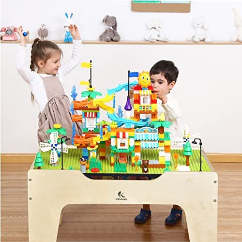 KRAND Kid's All-in-One Activity Play Table with 290 Building Bricks and 30-Piece Wooden Train Set Railway,Cars,Track and Accessories for Toddlers Boys and Girls Children's Toy Playset Game Desk - Regular Baseplate Version thumbnail 3