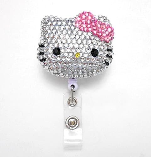 Cutie Blinged Out Pink Bow Kitty Inspired Rhinestone Badge Reel Name Badges ID Badge Holder - Image 1