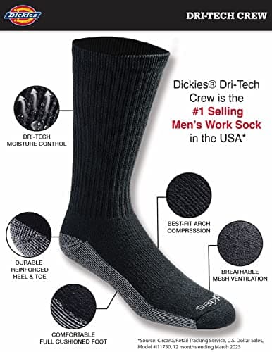 Dickies Dri-Tech Original Moisture Control Crew Socks, Available in M-XXL (6, 12, 18 Pairs), Black (6 Pairs), Large thumbnail 4