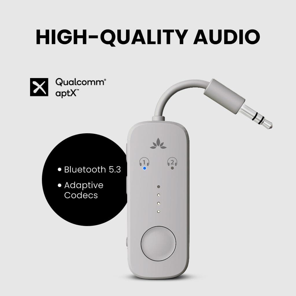 Avantree Relay - Airplane Bluetooth 5.3 Adapter with Qualcomm aptX Adaptive, Supports 2 AirPods or Headphones, 20H Playtime, 3.5mm AUX Jack Wireless Audio Transmitter for Planes, Flight Travel thumbnail 3