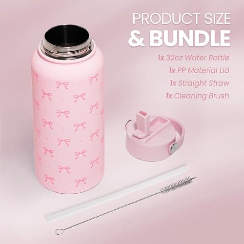 SANDJEST Pink Bow Water Bottle Stainless Steel Insulated Vacuum 32oz with Lid, Gifts for Women Girls Teens Birthday Christmas thumbnail 4