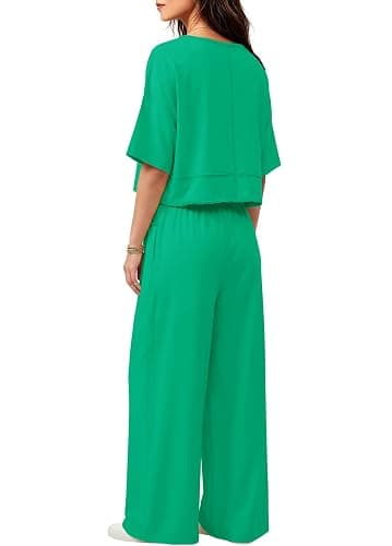 Yanekop Womens Two Piece Lounge Set for Summer Airport Travel Outfit V Neck Crop Tops and Wide Leg Pants with Pockets thumbnail 4