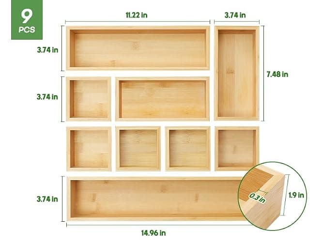 Bamboo Drawer Organizer Set, 9 PCS Multi-Use Individual Wood Storage Organizers, Junk Drawer Divider and Storage Trays Containers for Kitchen, Bathroom, Office Desk, Makeup, Jewelry, Utensils thumbnail 3