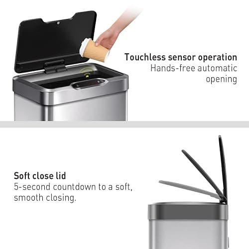EKO Mirage-T 50 Liter / 13.2 Gallon Touchless Rectangular Motion Sensor Trash Can, Brushed Stainless Steel Finish - 50 Liter thumbnail 2