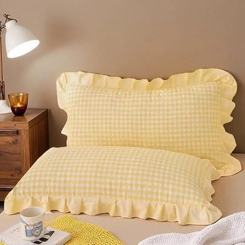 MODASER Yellow Gingham Pillow Cases Set of 2 - Ruffled Farmhouse Shams Covers, Soft Cute Aesthetic Room Decor (Standard) - Image 1