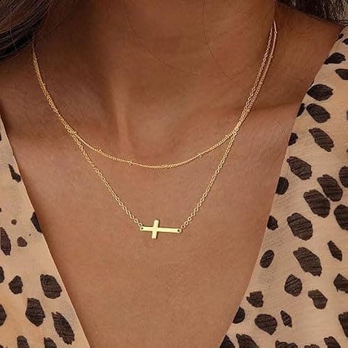 Modernplus Gold Layered Necklaces for Women, Dainty Layering Chain Necklace Stackable Pendant Choker Necklaces Trendy Jewelry Gifts - 2 Layer-cross thumbnail 4