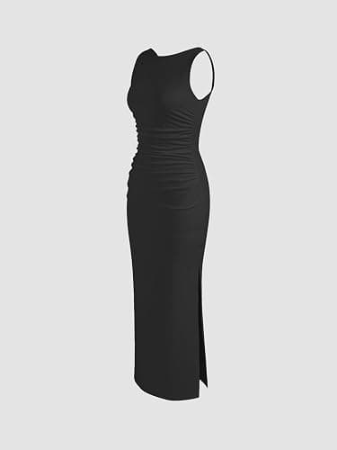 CIDER Women Summer Sleeveless Maxi Dresses Ruched Bodycon Long Wedding Guest Dress Cocktail Evening Gown - Small - Black thumbnail 5