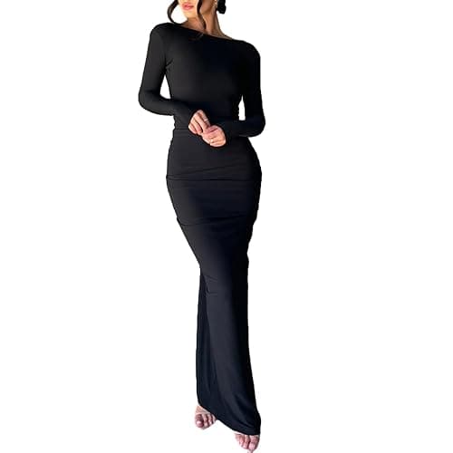 Geagodelia Robe Femme Maxi-Longue Sexy Moulante à Manches Longues, Robe de Soirée Col Deep V ou Dos Nu avec Deux Moyens à Porter thumbnail 2