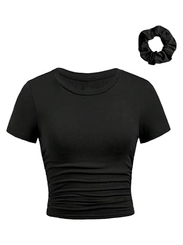SOLY HUX Girl's Short Sleeve Crew Neck Slim Fitted Basic T-Shirts Summer Tops with Hair Ties - Image 1