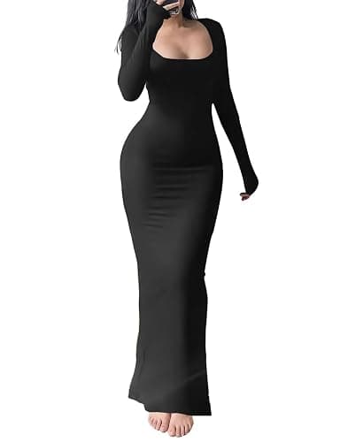 HBQ Women's Bodycon Maxi Dress Long Sleeve Square Neck Lounge Dresses Sexy Night Out Party Dress - Image 1