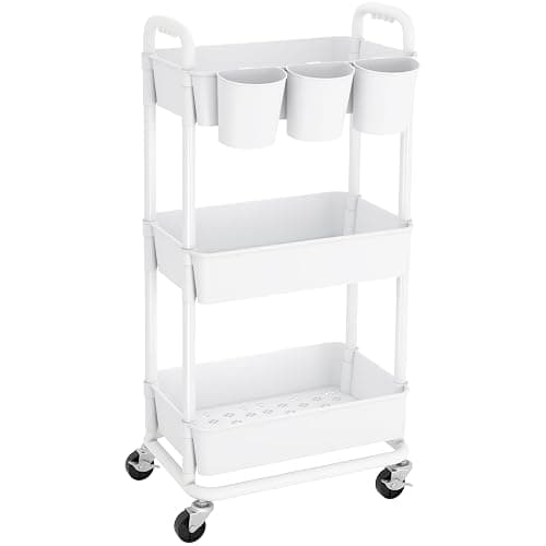 JIUYOTREE 3-Tier Plastic Rolling Storage Cart Utility Cart with Extra Hanging Cups Handles Lockable Wheels for Living Room Bathroom Kitchen Office White - Image 1