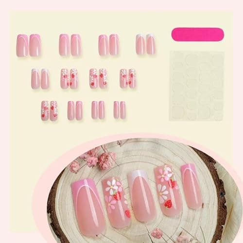 CTTHNBD Press on Nails Medium - Square Fake Nails with Flower Design - Pink French Tip False Nails Press ons - for Women 24 Pcs thumbnail 2