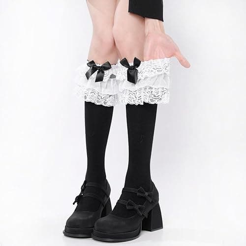 woosnscly Womens Lace Ruffle Knee High Socks Cute Bow Lolita Knee Highs Stockings Halloween Party Costume Long Socks, Cotton thumbnail 2