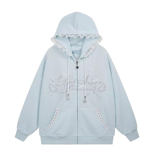 Xojbzoo Y2K Kawaii Bow Lace Trim Zip Hoodie Oversized | Lace trim hood & pockets, adjustable drawstring bows, coquette aesthetic, black blue pink colors, soft cotton blend thumbnail 4