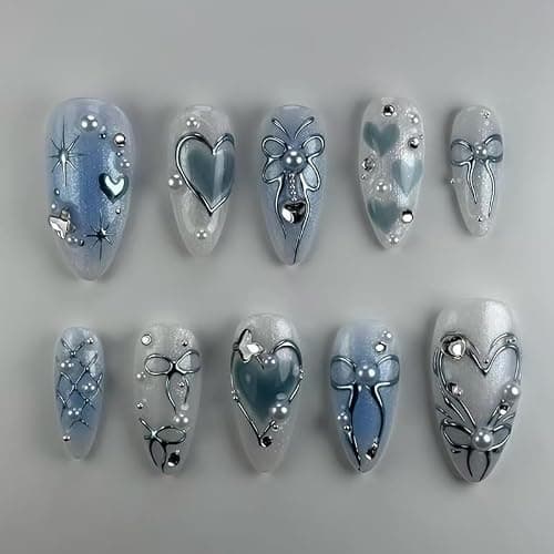 Mkwntg 24Pcs Blue Ombre Press on Nails Medium Almond Fake Nails with 3D Butterfly Pearl Rhinestones Design Silver Heart Star Bow Acrylic False Nails Y2K Full Cover Glue on Nails for Women Summer Decor - Image 1