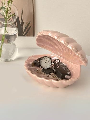 Denique Shell Jewelry Dish Tray, Ceramic Trinket Tray Clamshell Jewelry Storage Dish, Ring Holder Dish Key Bowl, Decorative Jewelry Plate, Cute Jewelry Organizer for Room Decor (Pink) thumbnail 7