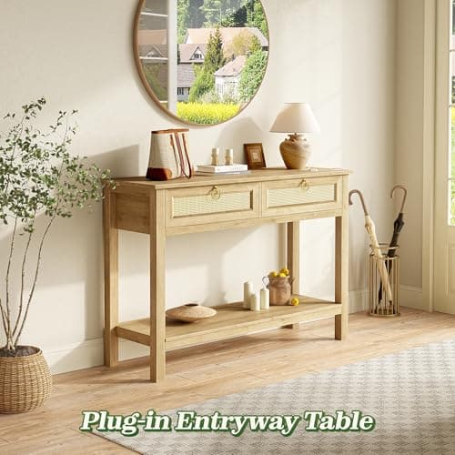 SUPERJARE Rattan Console Sofa Table with Outlets and USB-C Port, 2 Drawer Entryway Table with Synthetic Rattan Surface, 39 Inch, Open Shelf, Behind Couch Entry Foyer Hallway Storage, Natural thumbnail 3
