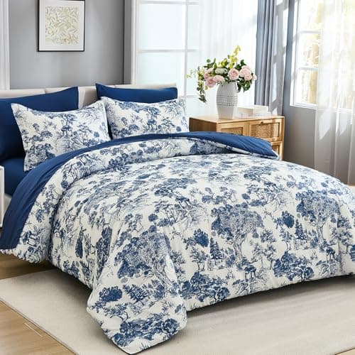 DJY Navy Blue Comforter Set Queen Size,7 Pieces Bed in a Bag Botanical Comforters with Sheets Elegant Plants Print Soft Microfiber Reversible Complete Bedding Sets for All Season thumbnail 2