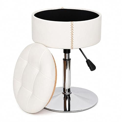 ACEQLYT 2 in 1 Adjustable Storage Vanity Stool with Flip-Over Wood Tray | 360° Swivel Vanity Chair with Storage, Small Round Makeup Stool for Vanity, White PU Leather - Image 1