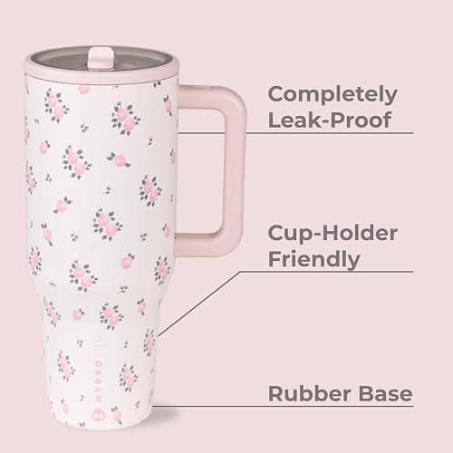 HydroJug Traveler - 32 oz Water Bottle with Handle & Flip Straw - Fits in Cup Holder, Leak Resistant Tumbler-Reusable Insulated Stainless Steel & Rubber Base - Gifts for Women & Men, Wildrose thumbnail 3