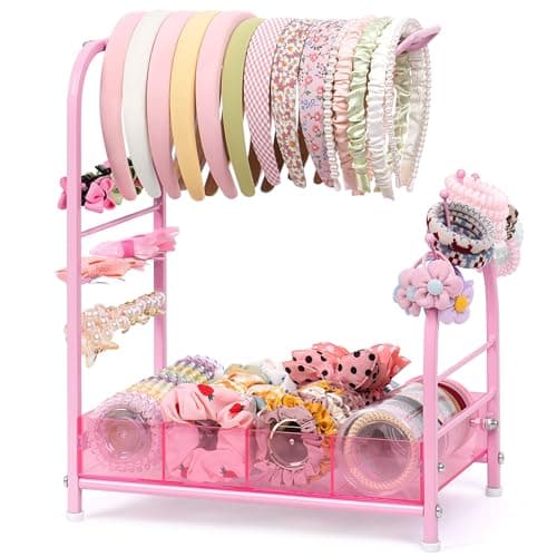 Keebofly Acrylic Hair Accessories Organizer, Versatile Headband Holder Stand for Scrunchies, Bows, Claw Clips, Hair Tie, Compact Hair Organizer Storage Container for Girls, Women, Babies, Soft Pink - Image 1