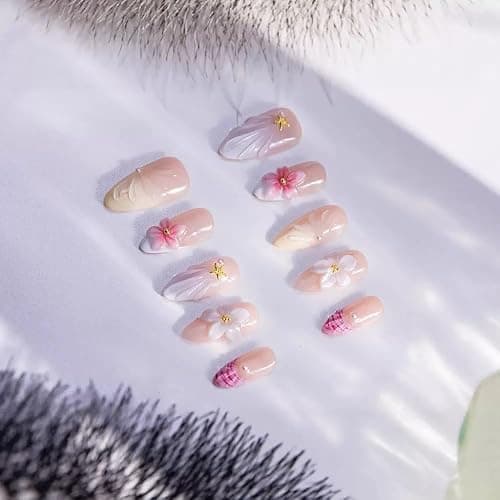 10Pcs Medium Almond Handmade Press On Nails | Nude Pink & Yellow Ombre with Seashell, Starfish, 3D Floral & Pearl Decor | Reusable Salon-Quality Fake Nails for Women and Girls (25901, M) thumbnail 2