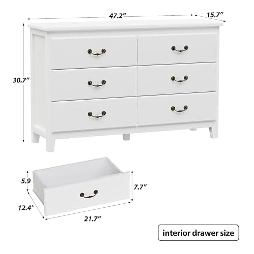 White Dresser, Modern 6 Drawer Double Dresser for Bedroom Adults & Kids with Vintage Gold Handles, Wide Dressers & Chests of Drawers, 6 Drawer Dressers for Hallway, Antique White thumbnail 2