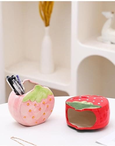 Youfui Strawberry Pencil Holder Toothbrush Holder Cute Pen Holder for Desk Organizer Makeup Brush Pencil Cup Kawaii Desk Accessories Aesthetic Office Home Decor Birthday Gifts for Women (Red) thumbnail 5