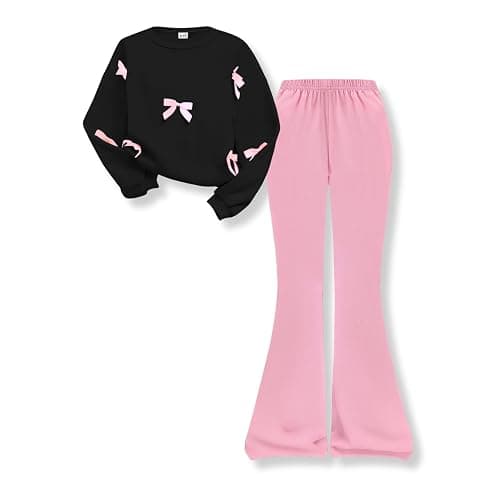 Voxikidio Girls 2 Piece Outfits Long Sleeve Butterfly Sweatshirt & Flared Pants Fall Clothing Set Size 7-12 Years - Image 1