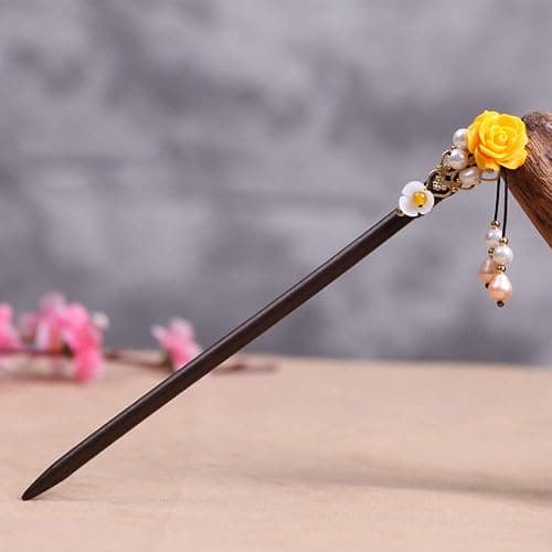 TOP SEWING Wooden Hair Pins 7" Chinese Yellow Flower Hair Sticks For Long Hair 1 Pack Buns Accessories for Girl - Image 1
