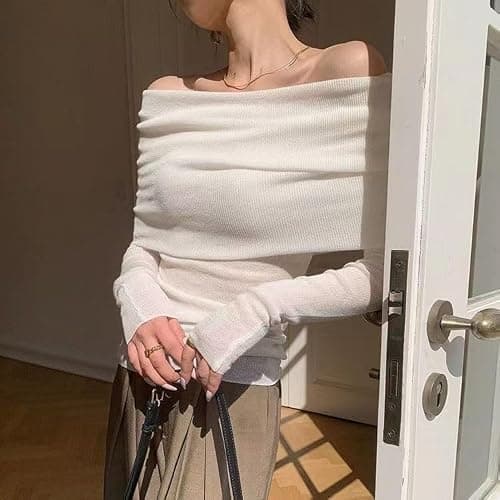 Women Long Sleeve Off Shoulder Wool Blend Y2k Aesthetic Tops Tee Knitted Sweater Shirt Pullover Fairycore Clothing thumbnail 5