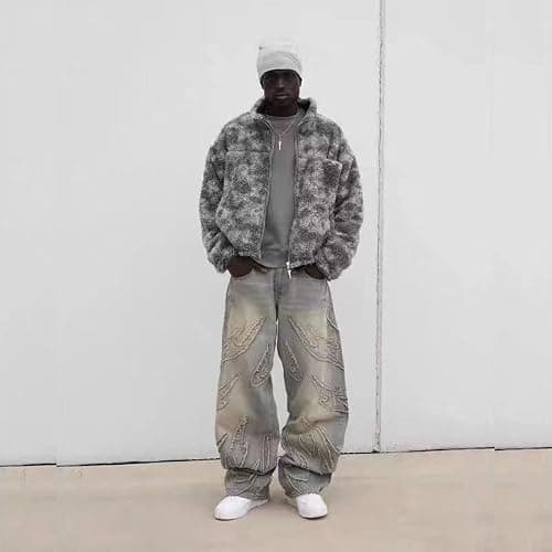 FEUSEUZ Y2K Men's Street Retro Hip-hop Flame Splicing Wide Leg Gothic Loose Jeans thumbnail 6