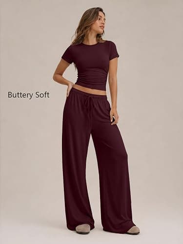Trendy Queen 2 Piece Matching Summer Lounge Set Womens Side Ruching Top Wide Leg Pants Sets with Pockets thumbnail 2