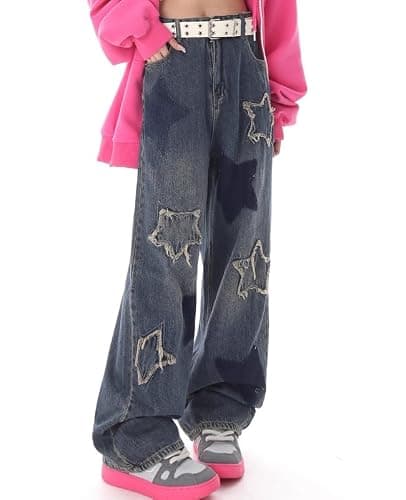 Lafaguw Cute Jeans for Women Girls Star Patchwork Pants High Waisted Straight Leg Jean Casual Preppy Clothes thumbnail 5