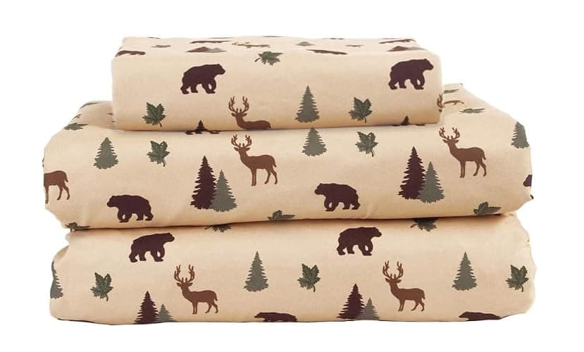 Beatrice Home Fashions Cozy Cabin 3-Piece Twin Microfiber Bedding Sheet Set with Deep Pockets Rustic Patchwork Plaid Deer, Brown Tan Green - Image 1