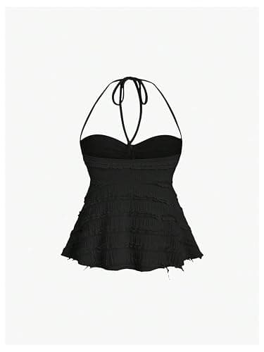 SOLY HUX Women's Peplum Halter Crop Tops Y2K Drawstring Tie Ruched Dressy Casual Spaghetti Strap Cami Top thumbnail 2
