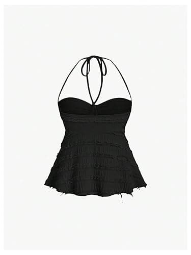 SOLY HUX Women's Peplum Halter Crop Tops Y2K Drawstring Tie Ruched Dressy Casual Spaghetti Strap Cami Top - Small - Pure Black thumbnail 2