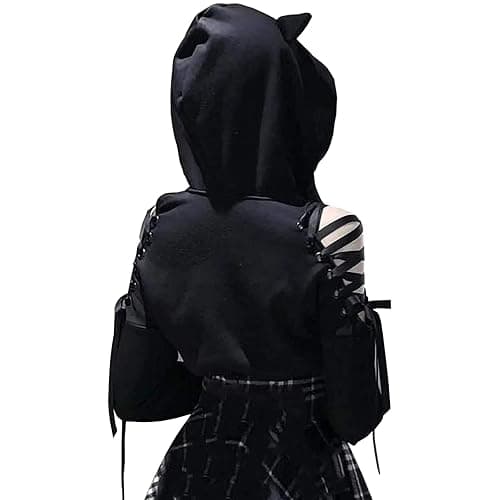 Loalirando Women's Cute Cat Ear Crop Top Oversized Hoodie Off Shoulder Hollow Out Long Sleeve Black Punk Gothic Sweatshirts (Black, Small) thumbnail 4