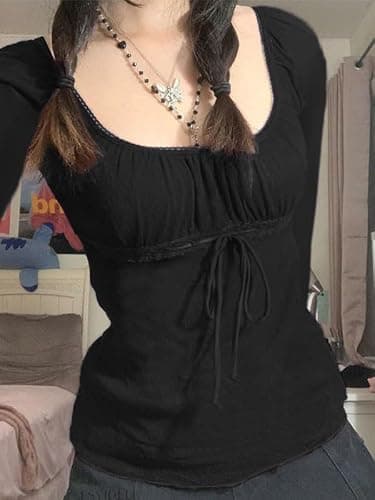 Y2K Mesh Top Women Long Sleeve Shirts Scoop Neck Ruffle Hem Babydoll Blouse thumbnail 3