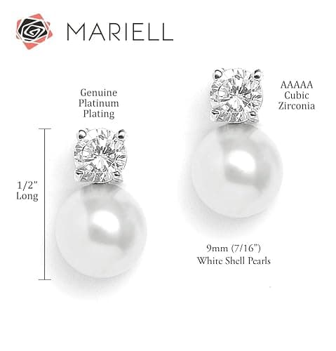 Mariell White Pearl Bridal Earrings with Cubic Zirconia Crystal Top, 9mm White Pearl Stud Earring, Perfect for Brides, Bridesmaids, Wedding Party and Everyday Wear thumbnail 8