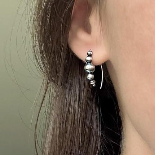 Sterling Silver Navajo Pearl Style Threader Earrings for Women, Beaded Open Hoop Earrings Western Jewelry Handmade in the USA thumbnail 4