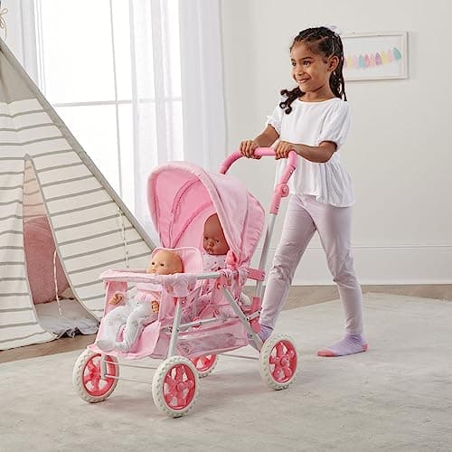 Badger Basket Double Front to Back Stroller for Dolls - Lightweight Foldable Toy Pram with Gingham Fabric Canopy and Storage Basket – Fun Pretend Play for Kids Ages 3 and Up - Pink thumbnail 5