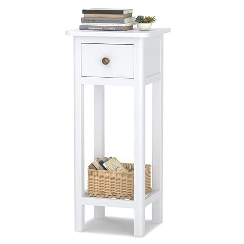 Giantex Tall End Table, Narrow Side Table with Drawer and Shelf, Acacia Wood Nightstand for Living Room, 2-Tier Bedside Table for Small Space, No Assembly, White - 1 - White - Image 1