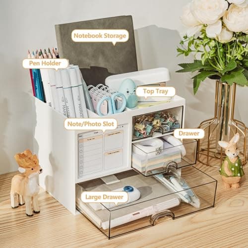 QIYVLOS Desk Organizer with 3 Drawer, Multi-Functional Pencil Pen Holder for Desk, Desk Organizers and Storage with 8 Compartments, Desktop Organizer for Office Home Art Supplies (White) thumbnail 2