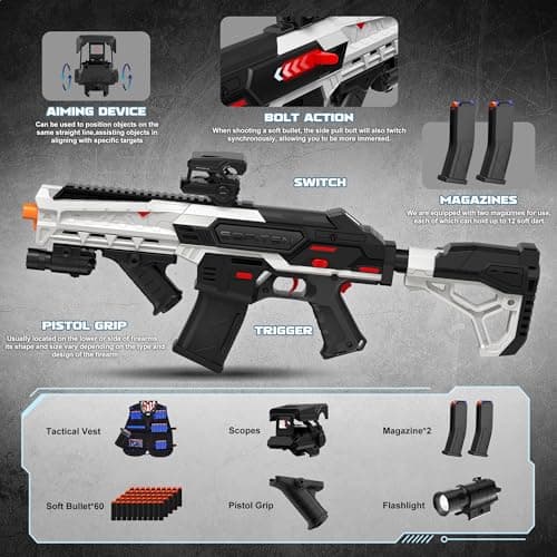 SOFITEN Toy Gun Automatic Sniper Rifle with Foldable Scope, Tactical Vest, Flashlight, Grip, Electric Toy Foam Blaster Soft Dart Bullets, Indoor Outdoor Play Team Gifts for Boys Birthday Xmas thumbnail 6