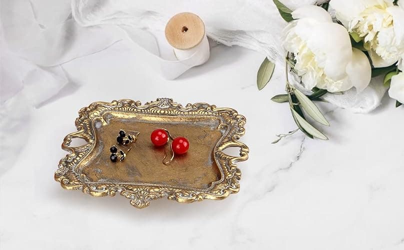 Vintage Decor for Home Bathroom Accessories Small Jewelry Tray Antique Ring Dish French Country Gold Trays Cute Brass Trinket Jewelry Plate Display Holder Baroque Moody Bedroom Wedding Decor Tray thumbnail 7